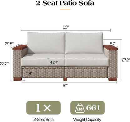 PaPaJet Outdoor Loveseat Patio Sofa, Wicker Couch with Solid Armrests & Legs, 4.7" Thick Cushion, UV-Resistant Modular Sofa for Porch, Backyard, Garden