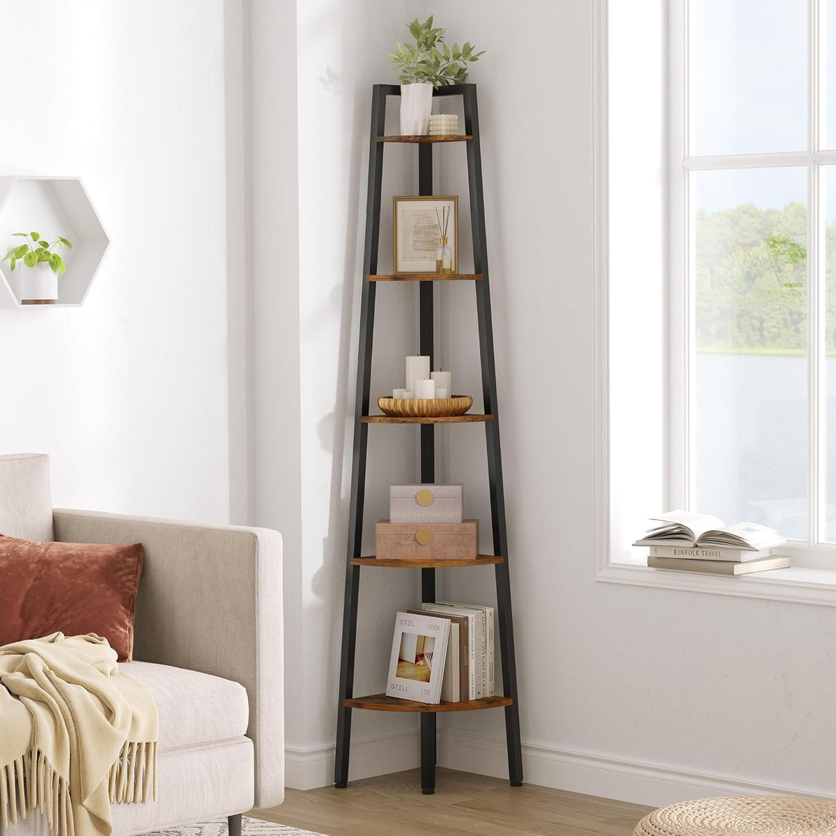 Hoctieon Corner Shelf, 5-Tier Corner Bookshelf, Rustic Ladder Shelf, Industrial Display Stand for Living Room, Kitchen, Home Office, Balcony, Small Space, Metal Frame, Rustic Brown