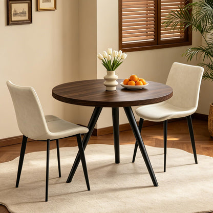 34.6" Round Dining Table Set for 2, Walnut Small Dining Room Set | Space-saving MDF Tabletop, 2 Beige PU Leather Chairs, Great for Modern Kitchen, Coffee, Restaurant, Office, Sturdy & Seamless
