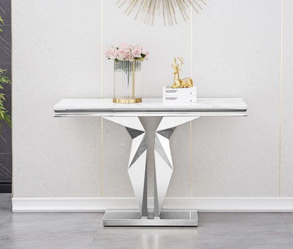 SSLine Modern White Faux Marble Console Table Luxury Entryway Table with Silver Pedestal Base 46.8" Mid-Century Elegant Sofa Table w/Mirrored Stainless Steel Frame for Living Room Hallway