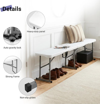Byliable Folding Bench 6ft,Portable Plastic Bench Seat with Handle,White | Heavy Duty HDPE,Powder-Coated Steel Legs,Strong Weight Support,Indoor Outdoor for Parties,Gatherings,Dining,Camping,Events