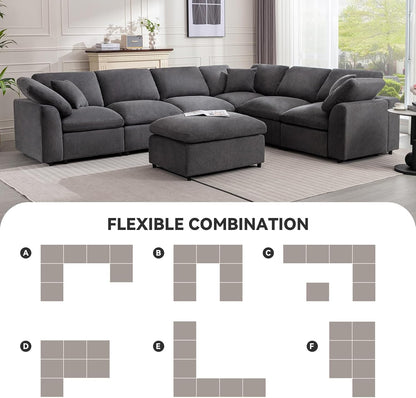Siiejia Modular 7 Seater Sectional Sofa, Oversized Cloud Couches, Dark Grey