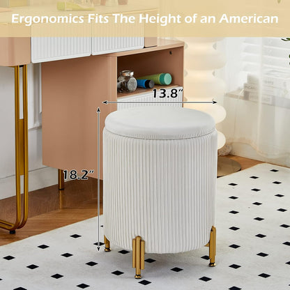 Round Ottoman Foot Stool with Storage and Metal Legs for Living Room Bedroom, Velvet Upholstered Footrest Stool Support 300lbs Modern Padded Seat Ottoman Coffee Table (Cream)