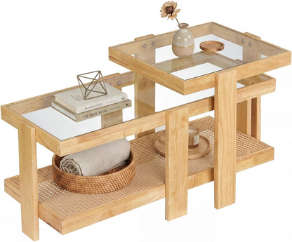 Giantex Nesting Coffee Table Set of 2, Boho Rattan Accent Table with Tempered Glass Top & Solid Rubber Wood Frame, Modern Rectangular Center Table for Living Room, Natural