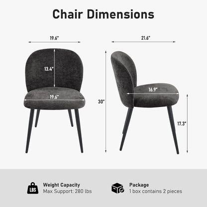 Dining Chairs Set of 2, Upholstered Chenille Dining Room Chairs with Black Metal Legs, Modern Armless Kitchen Chairs with Curved Backrest for Dining Room Kitchen Living Room, Black