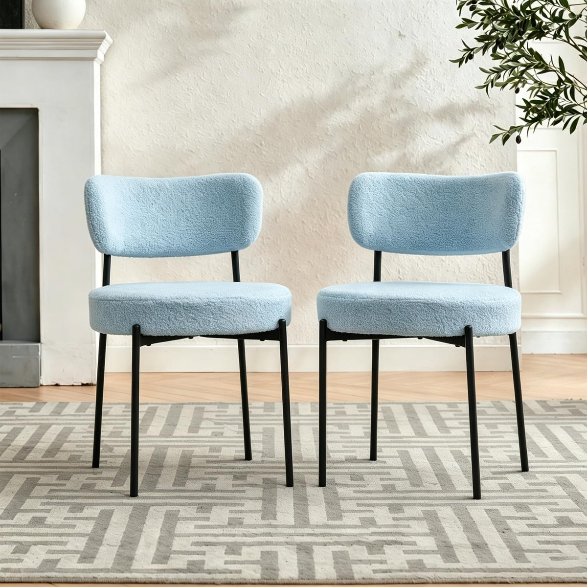 Boucle Dining Chairs Set of 2, Blue Mid Century Modern Kitchen Dining Room Chairs with Curved Backrest and Metal Frame, Round Upholstered Dining Chairs for Kitchen, Living Room