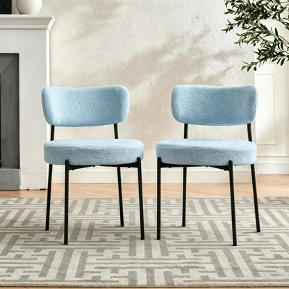 Boucle Dining Chairs Set of 2, Blue Mid Century Modern Kitchen Dining Room Chairs with Curved Backrest and Metal Frame, Round Upholstered Dining Chairs for Kitchen, Living Room