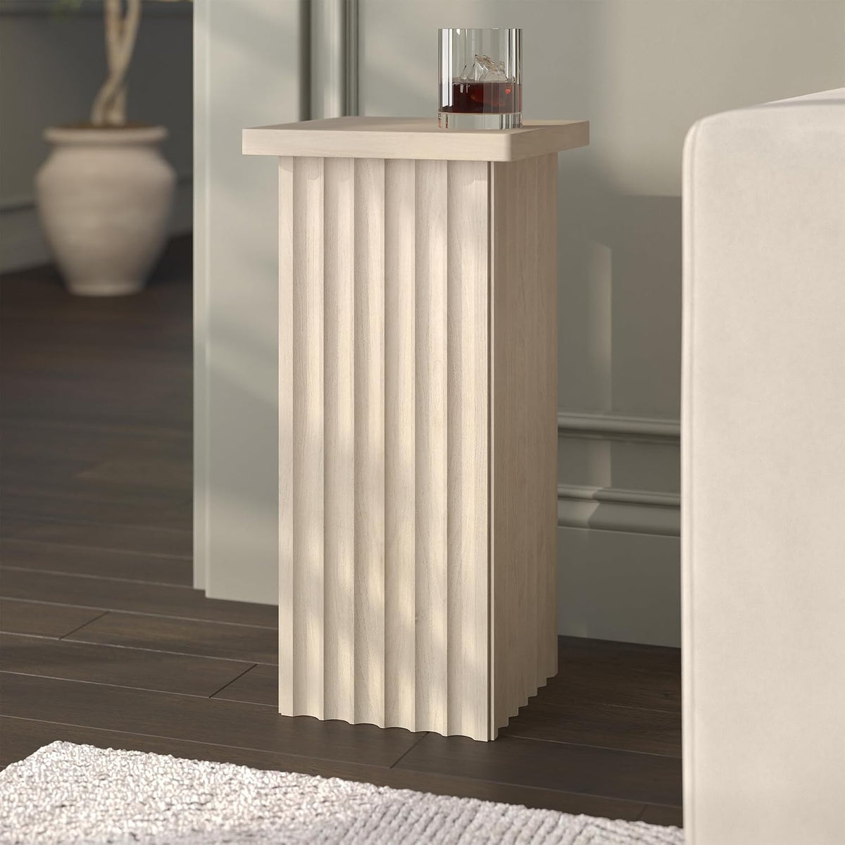 Henn&Hart 11'' Fluted Modern Wooden Square End Table, Ribbed Side Table, Nightstand for Living Room, Office, Family Room, or Bedroom, Alder White