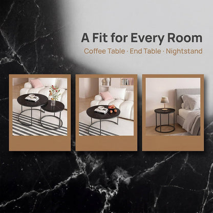 Nesting Coffee Table Set of 2, Round Nesting Tables with Marble-Look Top and Metal Frame, Modern Coffee Table Set for Small Spaces, Stackable Side End Tables for Living Room Bedroom etc. (B)