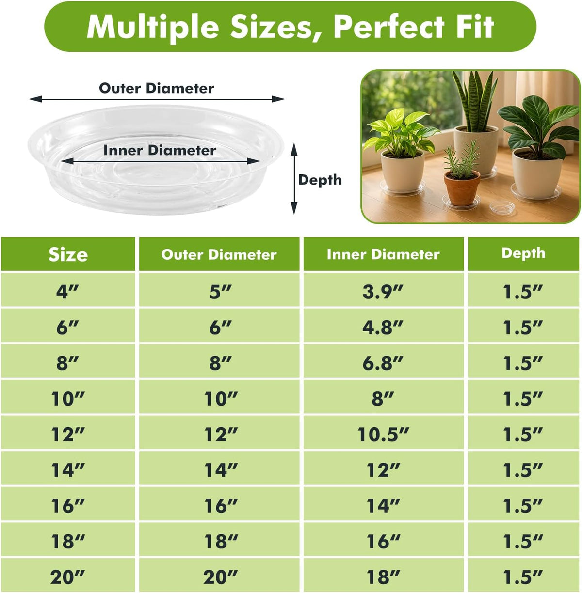 20 Packs 12" Large Clear Plant Saucers for Indoor Outdoor Use Heavy Duty Plastic Plant Trays for Planter Bulk Flower Pot Drip Trays to Catch Water, 4 to 20 Inch, Round Transparent