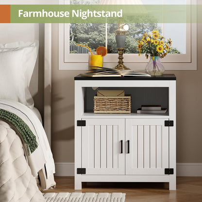 End Table with Charging Station, 23.6''W Large Sofa Side Table with Barn Door, Farmhouse Nightstand for Living Room, Bedroom