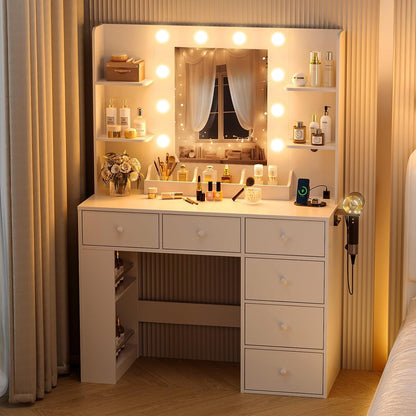 VINGLI Vanity Desk with Mirror and Lights, Makeup Vanity Table w/ 6 Storage Drawers & Shelevs, 58in White Dressing Table Built in Hollywood Bulbs & Charging Station & Hairdryer Holder, Gifts for Girls