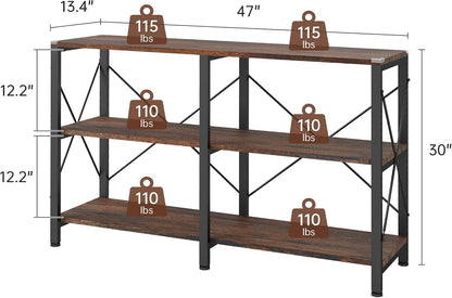 47" 3 Tier Industrial Book Shelf, Free Standing Horizontal Low Metal Rustic Farmhouse Book Case with Wood Shelves for Home Office, Den, or Living Room Rustic Brown and Black