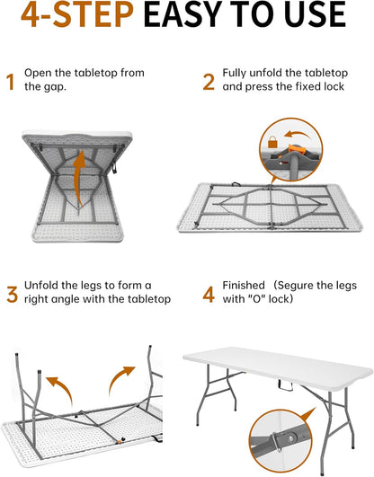 6Ft Folding Table, Heavy Duty Fold-in-Half Portable Plastic White | HDPE portable table indoor outdoor. Camp table, picnic table, party use. Lightweight holds 350 lbs. Easy fold side table