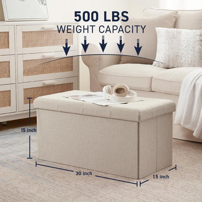 Ornavo Home 30 Inch Folding Storage Ottoman Bench, Tufted Linen, Beige | Upholstered Large Ottoman with Lid; Foot Rest Stool; Ideal for Bedroom, Living Room or Entryway