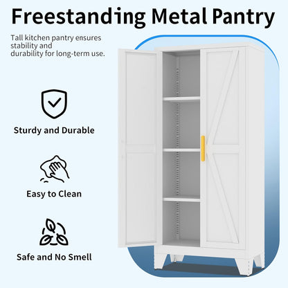 61" Tall Pantry Cabinet, White Metal Pantry Storage Cabinet | Metal Farmhouse Storage Cabinet,Kitchen Pantry Storage Cabinets with 2 Door and 3 Adjustable Shelves