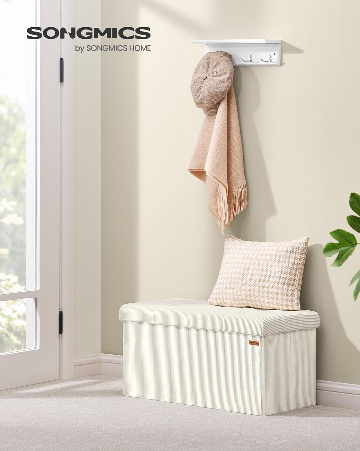 SONGMICS Mazie Collection - Storage Ottoman Bench, Foldable Foot Rest, 15 x 30 x 15 Inches, End of Bed Bench, Storage Chest, Load 660 lb, Living Room, Bedroom, Entryway, Cream White ULSF603W01