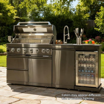 82 Inch 304 Stainless Steel Outdoor Integrated BBQ Kitchen Station (Black) | All-in-one 12-zone outdoor cooking station with 72000 BTU grill, built-in fridge & sink, rolling base for patio backyard