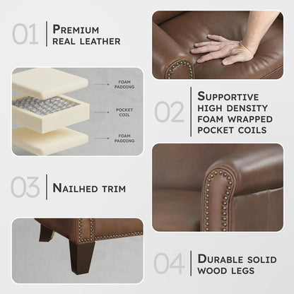 Lexicon Top Grain Genuine Leather Chair, Rolled Armrest, Classic Brown | Living Room Leather Accent Chair, Solid Wood Frame, Nailhead Trim, Comfy Reading Chair for Bedroom, Office