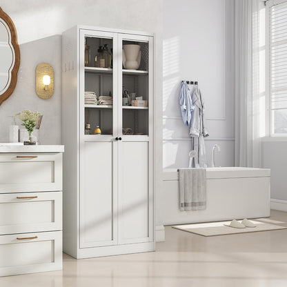 Kitchen Pantry Cabinet, 72" H Storage Cabinet with Glass Doors and Adjustable Shelves, Metal Bathroom Cabinets, Utility Cabinets for Kitchen, Living Room Assembly Required, White