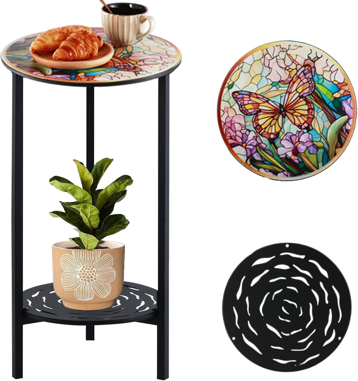 2-Tier Metal Round Side Table Black Accent Coffee Tables Small Space Corner Plant Stand Shelf for Indoor Outdoor Use Patio Balcony End Table Butterfly Print Weather-Resistant
