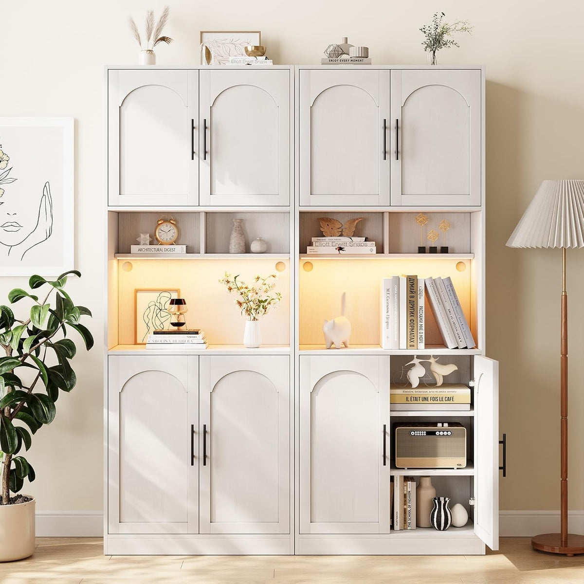GarveeHome 71" Tall Pantry Cabinet with Countertop, Kitchen Cabinets with LED Light Strip & Microwave Shelf, Kitchen Hutch Storage Cabinet with Adjustable Shelves for Dining Room, White
