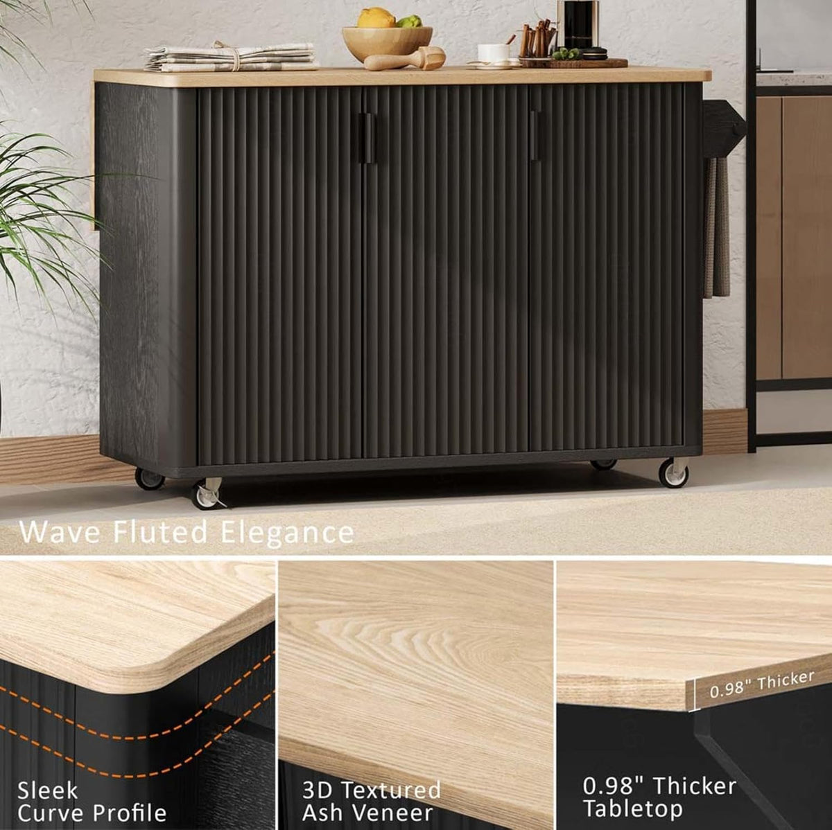 Movable Kitchen Island with Drop Leaf Countertop Height-Adjustable Shelves, Kitchen Island with Drop Leaf with Wheels Towel Rack， for Kitchen, Dining Room, Black