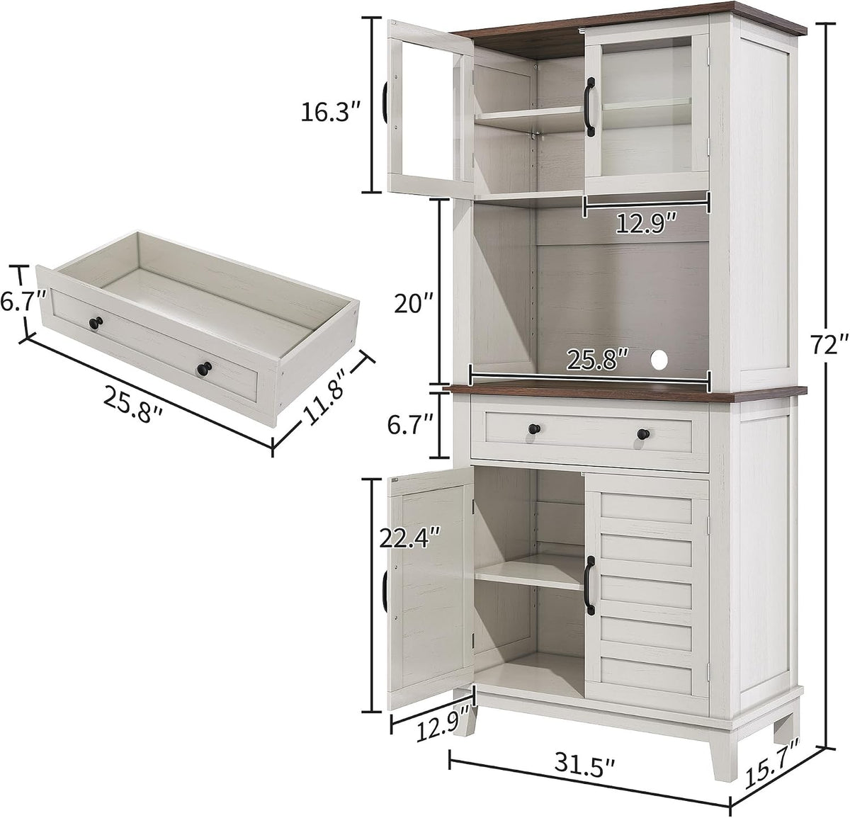 72" Pantry Cabinet with Storage Drawers 2 Glass Doors, Farmhouse Kitchen Hutch, Farmhouse Kitchen Hutch with Storage Drawers for Living Room, Dining Room,