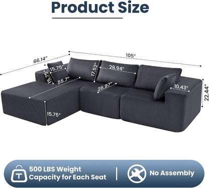 DUMOS 105" L-Shaped Sectional Couch, Left Facing Chaise | Upholstered Corduroy Sofa with 55.7'' Deep Seat for Living Room, Small Apartment, No Assembly in a Box, Grey