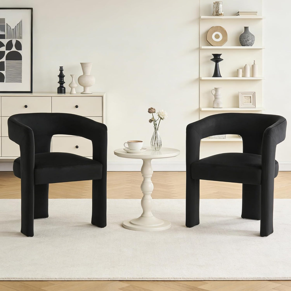 Modern Barrel Dining Chairs Set of 2, No Assembly Velvet Upholstered Dining Room Chairs with Open Back and 3 Legs, Comfy Accent Armchairs for Living Room/Bedroom/Kitchen/Reading, Black