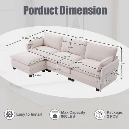KIVENJAJA 103" Cloud Couch Sectional with Storage, L Shaped Sofa, Beige | 3 Seat, Side Pockets, Movable Ottoman, Corduroy, Deep Seat, Easy Assembly, for Living Room/Apartment