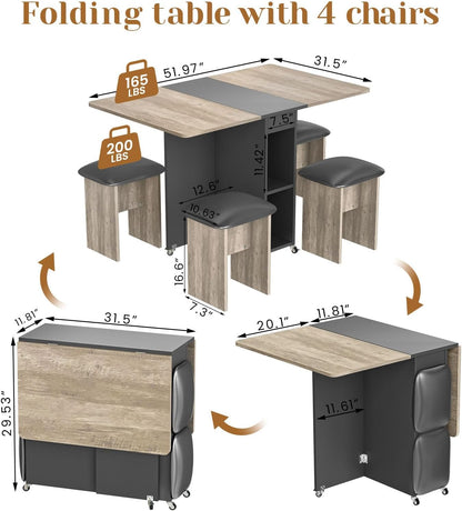 furlinkhm Folding Dining Table Set for 4, Dinner Table with 4 Leather Chairs and Shelves, Space Saving Foldable Dining Table with 6 Wheels, Kitchen Table for Small Spaces (Grey)