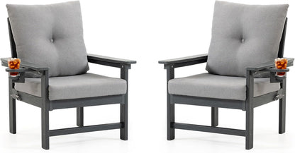 HDPE Patio Armchairs Set of 2 w/Cup Holeder, Outdoor Sectional Couch w/Thick Gray Cushions, Deep Seating Single Sofa for Garden, Deck, Front Porch, Grey