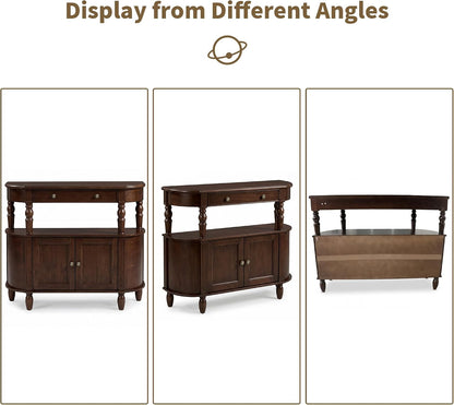 Curved Console Table with Solid Wood Legs, 47" Half Moon Sofa Table with Storage, Drawer & 2-Doors, Real Wood Veneer, Adjustable Shelf, Anti-Tip, Entryway Table for Living Room/Hallway,Walnut
