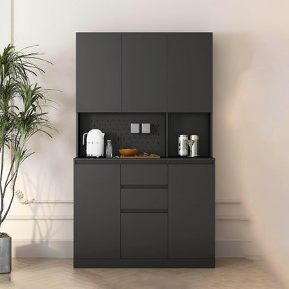 74"Kitchen Pantry Cabinet with Charging Station,Freestanding Buffet Cupboards Sideboard with Drawer,Modern Pantry Cabinet with Microwave Stand for Kitchen,Living Room,Dinning Room,White (Black)