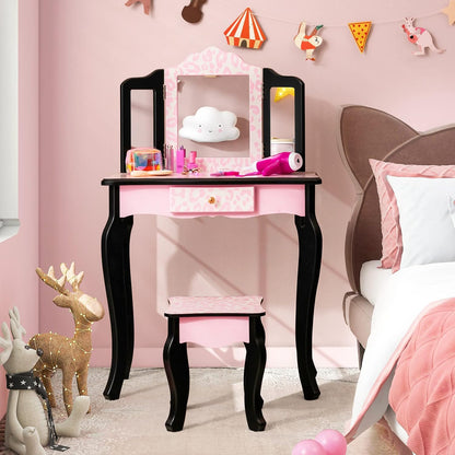 Costzon Kids Vanity Table and Chair Set, Girls Vanity Set with Mirror and Stool, Storage Drawer, Wooden Princess Makeup Dressing Table, Vanity Set for Little Girls