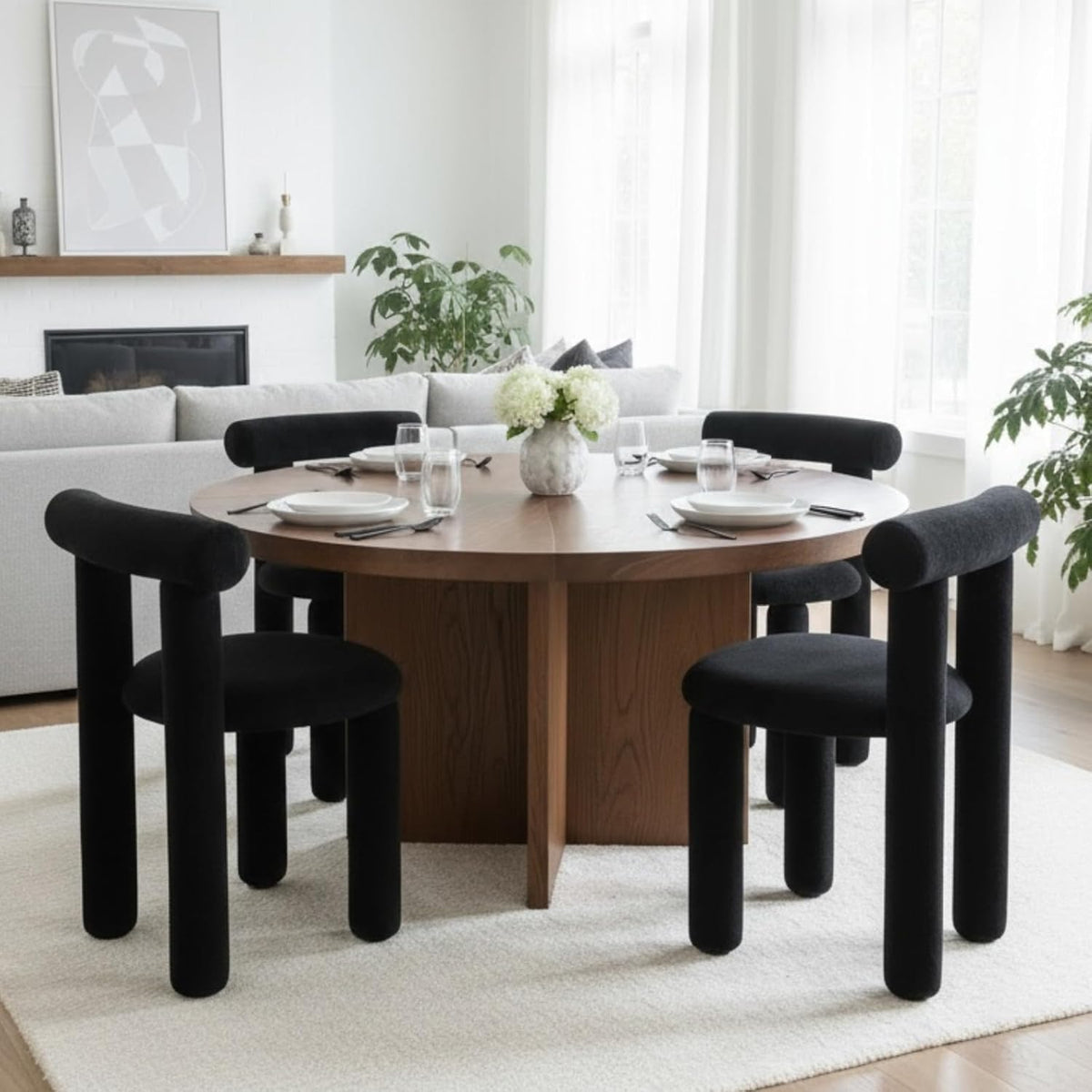 DUOMAY Modern Black Boucle Dining Chairs Set of 4, Sherpa Upholstered Kitchen Chairs Armless Barrel Back Dining Chair, Living Dining Room Chairs, Reception