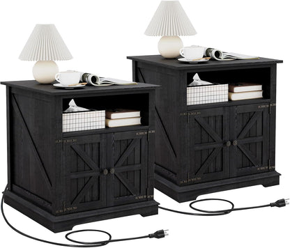 MUUEGM End Table Set of 2 Large Side Table 24" Farmhouse Nightstands with Charging Station Wood Bedside Night Stands with Adjustable Storage Shelf for Living Room, Bedroom