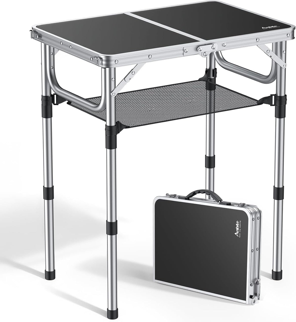 Anbte Folding Camping Table, 24"X 16" Adjustable Height Small Folding Table | Aluminum, with Carrying Handle, Lightweight, Portable Camping Table for Outdoor Indoor Picnic Beach BBQ Grill Patio (Black)