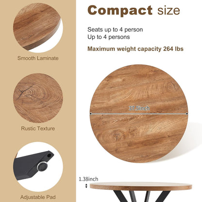 37" Round Dining Table Set for 4, Mid Century Modern Small Coffee Set for Dining Room Kitchen Apartment (Walnut Table + 4 PU Leather Beige Chairs)