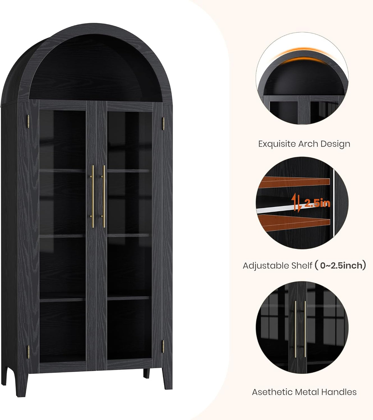 GarveeHome Arched Kitchen Pantry Cabinet - Farmhouse 5 Tier Display Shelf with Adjustable Shelf and 2 Large Glass Doors, Versatile Storage Cupboard for Kitchen, Dining Room, Living Room, Black