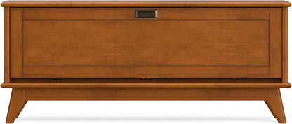 SIMPLIHOME Draper Storage Bench - 44 inch Wide Solid Wood Entryway Bench in Teak Brown, Mid Century Hallway Bench for Living Room with Flip-Down Door and 3 Cubbies