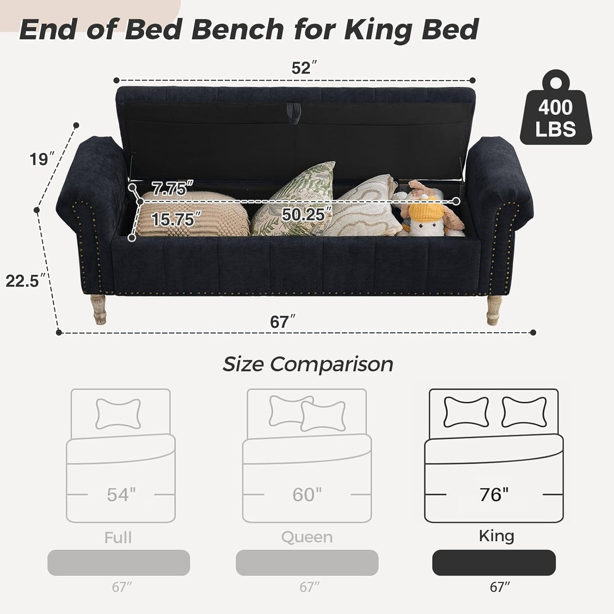 67" Storage Bench for Bedroom End of Bed King Size, Bedroom Bench with Storage for Foot of Bed, Upholstered Storage Benches with Nailhead Trim and Pillows, Linen Black