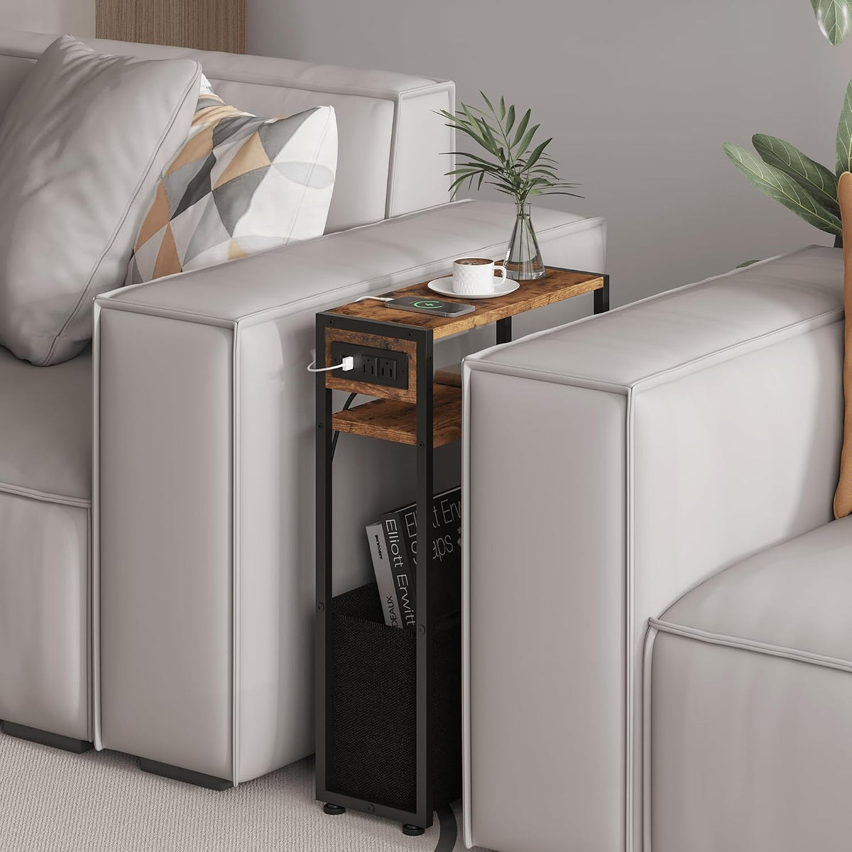 Leomonio Narrow Side Table, Slim End Tables with Fabric Basket, Skinny Table for Small Spaces, Thin Bedside Table for Living Room, Bedroom (1, Rustic Brown - Outlet)