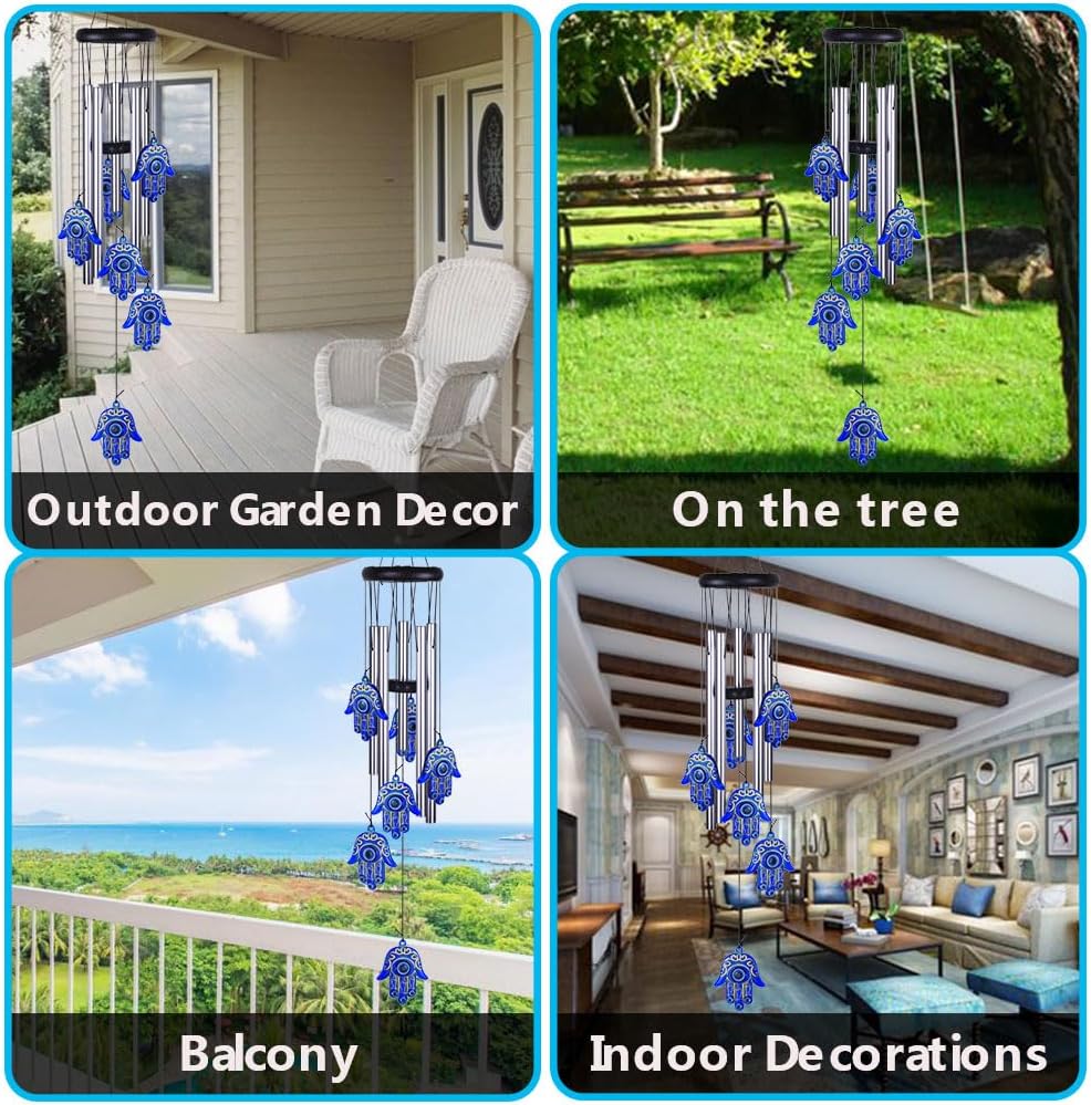 Blue Evil Eye Hamsa Hand Wind Chimes Outdoor Decoration, Hand of Fatima Windcatcher, Evil Eye Wind Bells, Hand of Fatima Blue Evil Eye Amulet Wind Chimes for Home, Gift for Mom, Balcony, Patio, Garden