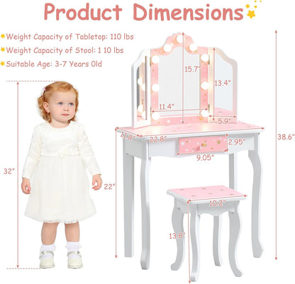 Kids Vanity with Lights, Princess Girls Vanity Set with 3-Color LED Lighted, 2 in 1 Wooden Toddler Vanity Table & Chair Set Mirror and Stool for Little Girls