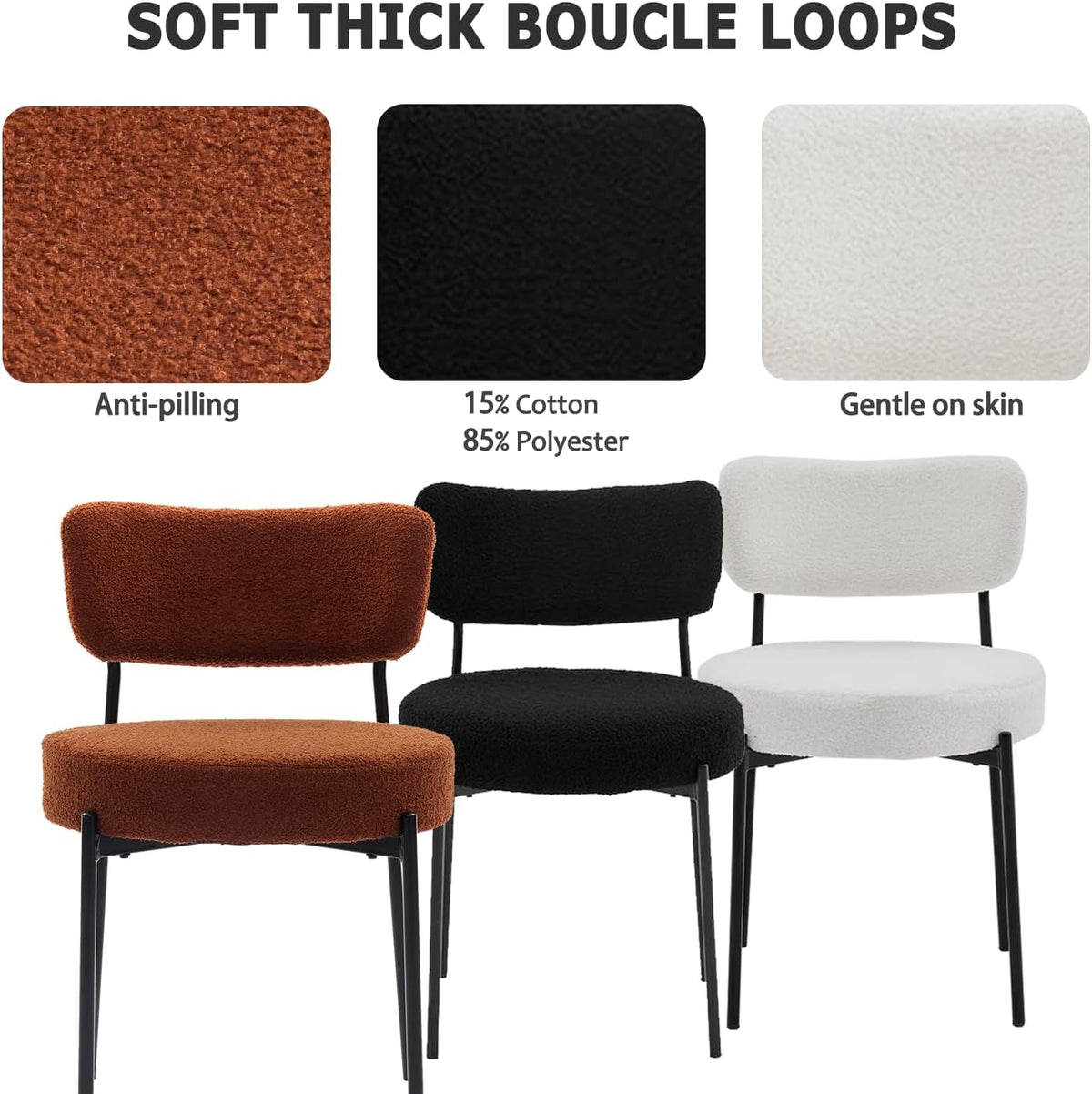 Boucle Dining Chair Set of 2, Mid Century Modern Upholstered Kitchen Chairs with Curved Backrest & Black Metal Legs, Round Dining Room Chairs, White