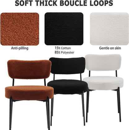 Boucle Dining Chair Set of 6, Mid Century Modern Upholstered Kitchen Chairs with Curved Backrest & Black Metal Legs, Round Dining Room Chairs, Black