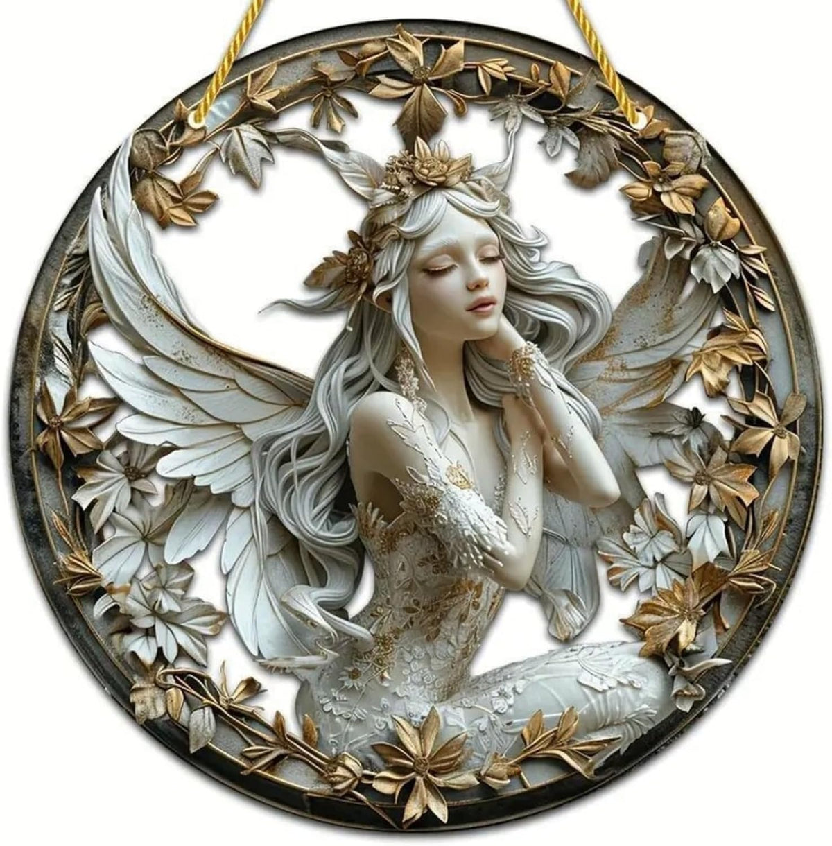 Flower Fairy Garden Decorations Angel Wing Christmas Halloween Deco Statue Art Elf Sculpture Hanging Craft for Outdoor Yard Courtyard Lawn Patio Window Acrylic Ornament Home Gift (C,S: 6*6 IN)