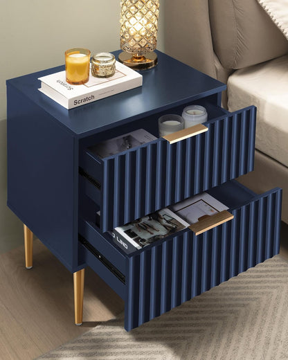 SICOTAS Night Stand Set 2, Fluted Glossy Nightstands Set of 2 with Drawers | Wide Modern Blue Storage Bedside Table for Bedroom, End Side Table with Golden Metal Legs and Handles, 2 Pieces